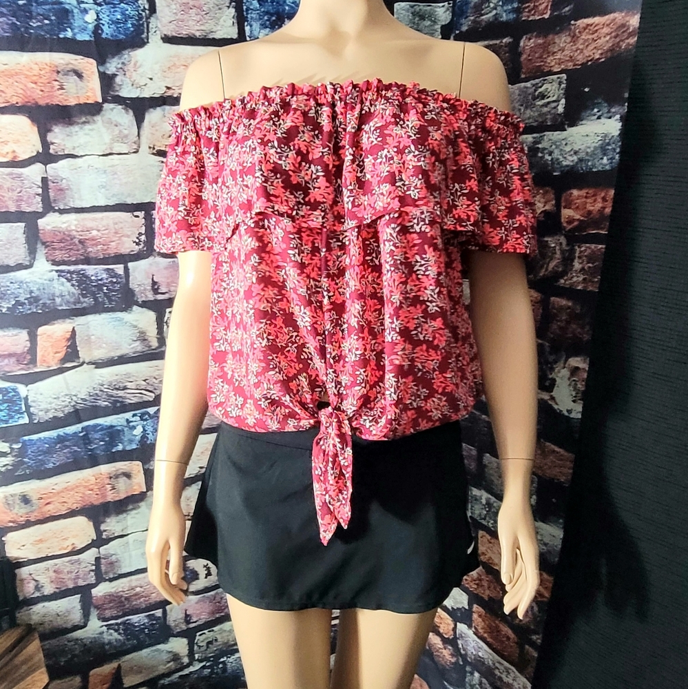 Express Floral Ruffle Layered Tie-Front Off-The-Shoulder Top